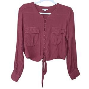 American Eagle Mauve Pink Tie Front Cropped Long Sleeve Top Size Large